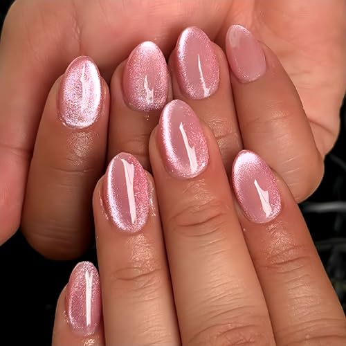 Stbisen Pink Pearl Glow Short Almond Press On Nails - Model 93, Reusable, Glossy Chrome Shimmer, Wedding & Daily Wear, 24pcs