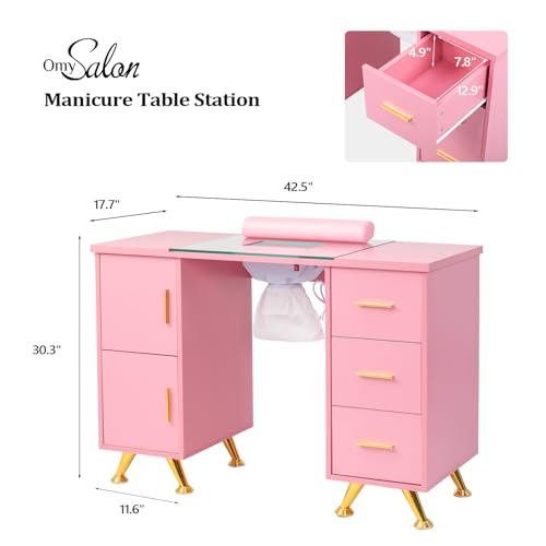 OmySalon Manicure Table with Glass Top & Dust Collector, Pink