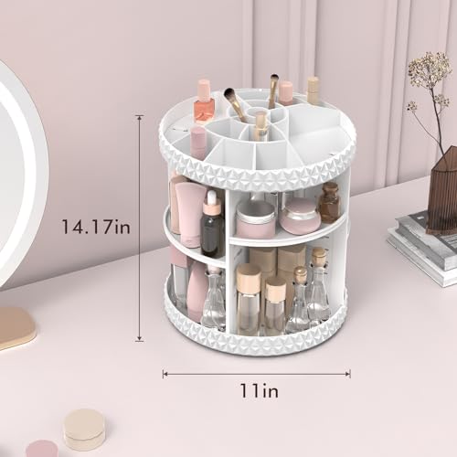 Rotating Makeup Organizer, Adjustable Vanity Organizer, Large Capacity Cosmetic Display Case for Spinning, Storage Carousel for Bathroom and Vanity Countertop, Diamond Pattern, Large, White