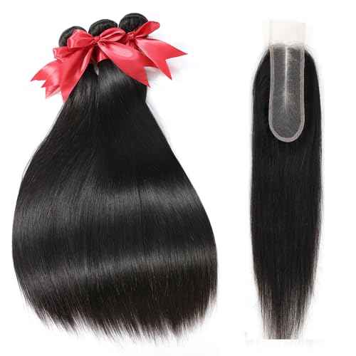 2x6 HD Lace Closure with Bundles Human Hair 16 18 20+14 Inch 12A Brazilian Straight Human Hair Bundles with 2x6 Closure 100% Unprocessed Virgin Weave Hair Extensions
