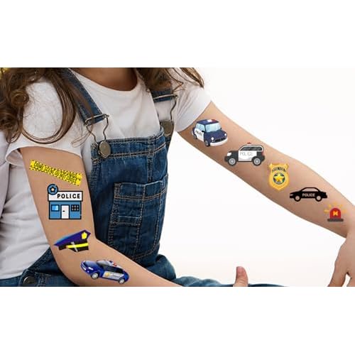 CupaPlay 300+PCS Police Car Tattoos Temporary Stickers Party Supplies Decorations Birthday Party Favors Goodie Bag Stuffers Favors Prize(24 Sheets)