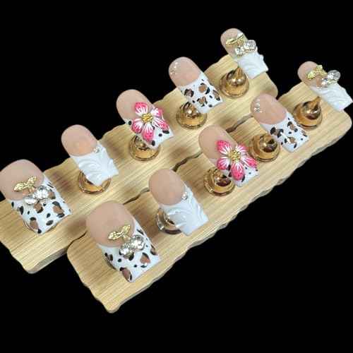 Handmade Press On Nails, 3D Velvet Floral Short/Medium Length Square White French Tips, Leopard Cherry Design, Reusable Acrylic False Nails (Velvet Jungle, M)