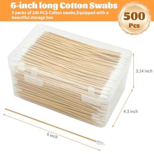 500 PCS 6-Inch Pointed Cotton Swabs with Storage Case, Precision Gun Cleaning Swabs, Lint-Free Bamboo-Handle Long Cotton Swabs for Gun Cleaning, Makeup & Electronics