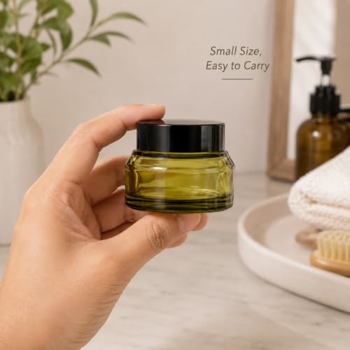 6 Pack Refillable 1oz Green Glass Cosmetic Jars with Lids - Makeup & Skincare Containers