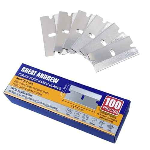Great Andrew Single Edge Razor Blades, 100 Pack Straight Edge Razor Blade, Safety Blade Refills, Blade Scraper for Box Cutting, Crafts, DIY, Heavy Duty & Industrial Use