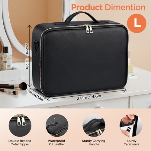 IPOW Travel Makeup Bag with LED Mirror, 3 Adjustable Light Settings, Customizable Dividers, Portable Travel Organizer, USB Charging,Black, Large