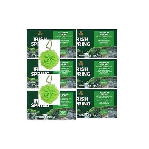 6-Pack Deodorant Irish Bar Soap, Mild for skin, 12 hours small fresh, Spring Soap for Washing Face, Body, Hand, 4oz each (total 24 oz) + 1 shower Sponge made for Irish Spring Soap