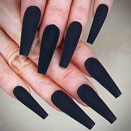 Outyua Black Super Long Matte Press on Nails Coffin Ballerina Fake Nails Designer Acrylic Extra Long False Nails Artificial Full Cover Nails Tips for Women and Girls 24Pcs (Black)