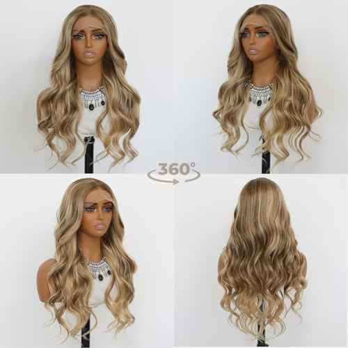 Ombre Blonde Wavy 13¡¿4 Lace Front Wigs Mixed Brown and Blonde Color Ombre Lace Front Synthetic Wig Heat-resistant Fibre Wig For Daily party Use£¨24Inch£©