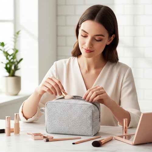Sanwuta 3-Piece Seersucker Makeup Bags - Travel Toiletry Organizer
