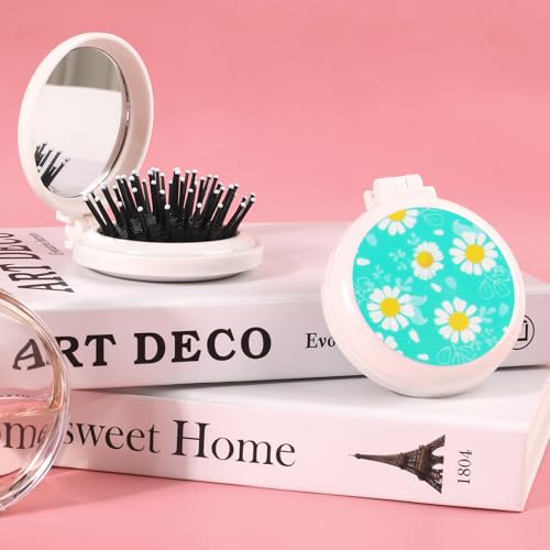 Mengduxd Mini Hairbrush, Collapsible Pocket Hairbrush with Mirror, Portable Hairbrush, Women Travel Small Hairbrush.Blue Chamomile