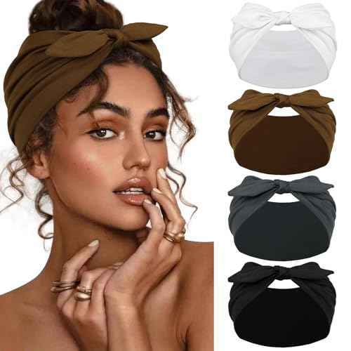 Huachi 4 Packs Bow Headbands for Women Girls, Wide Head Bands for Women's Hair Non Slip Soft Elastic Hair Bands, African Thick Workout Gym Turban Bandanas Head Wraps Hair Accessories (Fashion)