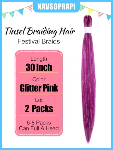 30-Inch Pink Tinsel Hair Extensions - 2 Pack Pre-Stretched Braiding Hair