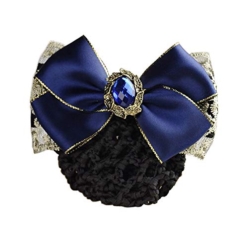 Women Lacrosse Flower Lace Ribbon Bowknot Rhinestone Snood Net Elastic Hair Clip Barrette Bun Maker Bow Cover Hairnet Decor for Nurse Bank Worker Air Hostess (Blue)