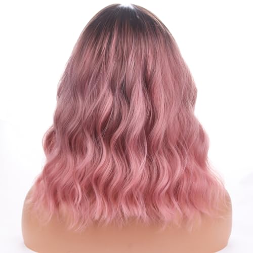 PATTNIUM Ombre Pink Wigs for Women Shoulder Length Curly Short Wavy Bob 12'' Heat-Resistant Synthetic Hair
