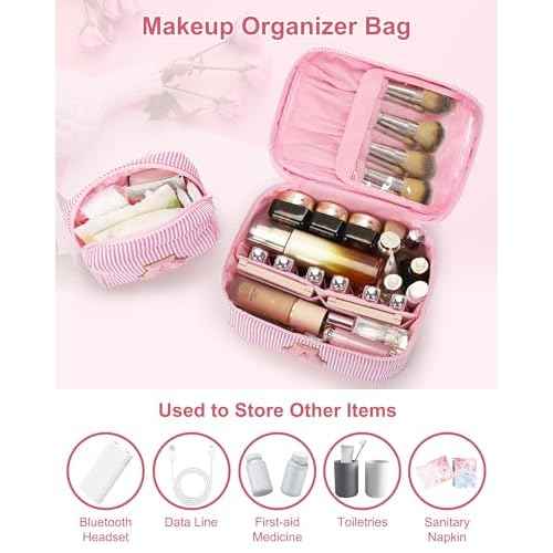 Initial Makeup Bag Set for Girls&Women,Monogram Cosmetic Bag with Brush Holder,Personalized Make Up Case for Girlfriend Graduation Teacher Gifts,Cute Toiletry Bag Preppy Chenille Letter Patch,Pink A