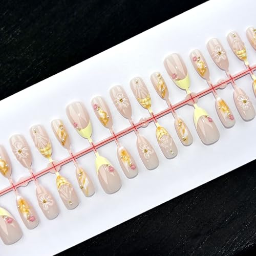 Medium Almond French Tip Press On Nails with 3D Flower & Pearl Design - Gold Beads Fake Nail Kit for Women