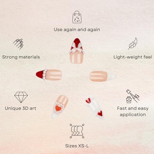 3H Luxury Handmade Press On Nails Candy Crush (Red, Small), Short Almond Artificial Nails with 3D Pearls, White Bows & Red Hearts, Reusable