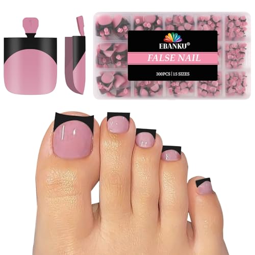 EBANKU 300PCS French Tip Press On Toenails Black - Summer Gel Toenail Tips for Women & Men