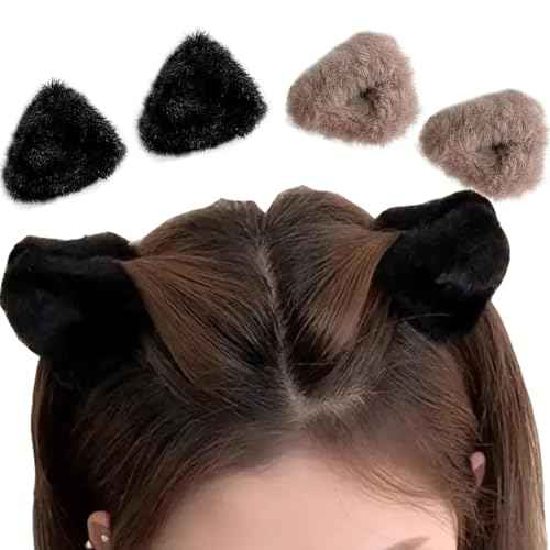 4pcs Cute Plush Cat Ear Hair Clips - Winter Fuzzy Cute Claw Clips Soft Non-Slip Small Bangs Claw Clips, Black Brown Cat Ear Broken Mini Hair Clips Accessories for Women Decoration