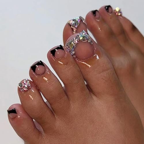 YIHONGYAN Style A24 Black French Tips Press-On Nails Kit with 3D Rhinestones, 24 pcs