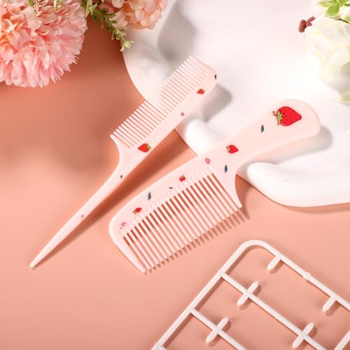 Pink Strawberry Baby Hair Comb Set - Mini Fine Tooth & Rat Tail Comb - Variation of Strawberry