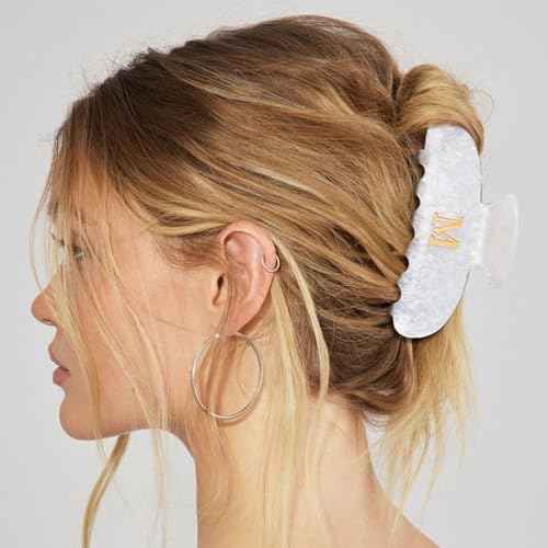 HAIMEIKANG Acrylic Letter Hair Clips For Women - White Hair Claw Clips for Bridal Monogram Hair Claw Alphabet Hair Clip,Large Claw Clip for Thick Hair