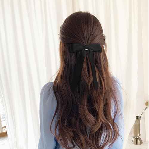 2PCS Black Hair Bows Solid Satin Polyester Ribbon Bow Hair Clips Ponytail Big French Hair Barrettes with Long Tail Wedding Dress Decor Hair Accessories for Women Toddler Teen Girls