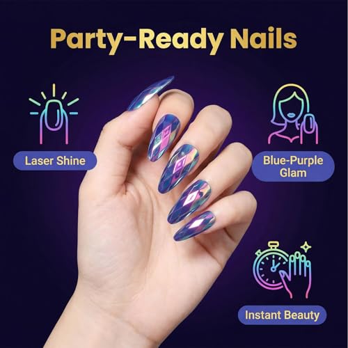 Purple Chrome Press On Nails - Long Almond Soft Gel 24PCS Kit