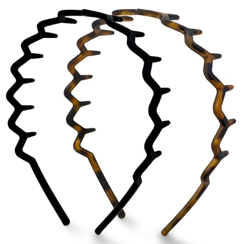 Kitsch Zig Zag Comb Headbands for Women - 2 Pack Black & Tortoise