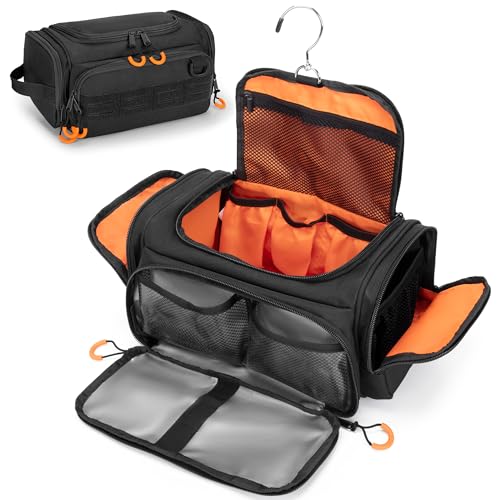 Tactical Toiletry Bag for Men, Hanging Hygiene Bag, Travel Dopp Kit Organizer for Shaving, Shower Essentials and Toiletries, Black (Empty Bag)