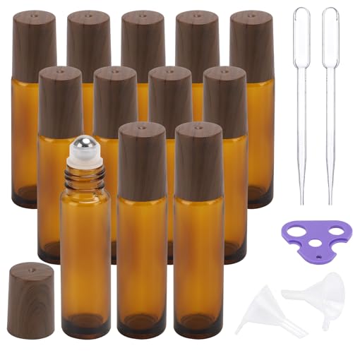 12 Pack Amber Glass Roller Bottles - 10ml Essential Oil & Perfume