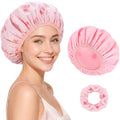 Double-Sided Shower Cap with Cherry Print and Pink Solid - Waterproof Hair Cover