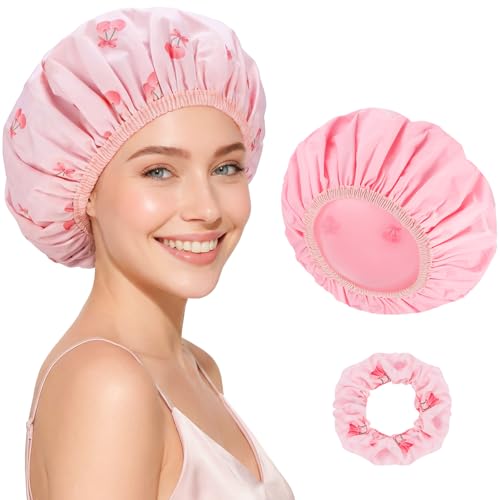 Double-Sided Shower Cap with Cherry Print and Pink Solid - Waterproof Hair Cover