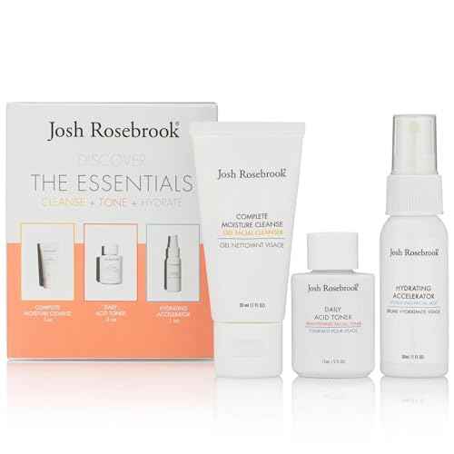 Josh Rosebrook The Essentials Kit - Cleanse, Tone & Hydrate Skincare Set | Complete Moisture Cleanse 1 oz, Daily Acid Toner 0.5 oz, Hydrating Accelerator 1 oz | Travel Size Facial Skin Care