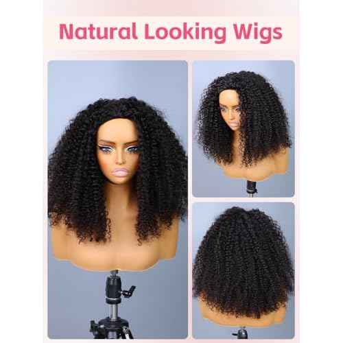 ORIGINAL QUEEN Kinky Curly Half Wig Human Hair 3 In 1 Seamless Flip Over Glueless Wigs for Women Wear Go Wig with Adjustable String Invisible Hairline Beginner Friendly 24Inch