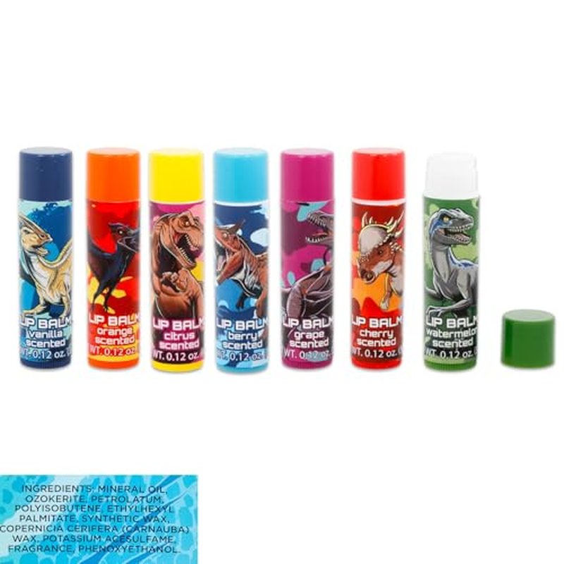 Jurassic World Lip Balm Tube Bundle for Kids ? 7 Pack of Dinosaur Lip Balm in Assorted Flavors Plus Stickers, More | Jurassic World Party Favors for Kids, Boys, Girls
