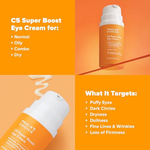 Paula's Choice C5 Super Boost Eye Cream for Dark Circles, Puffy Eyes, Fine Lines & Crow¡¯s Feet, Eye Repair Cream with 5% Vitamin C, Hyaluronic Acid & Peptides, Fragrance Free, 0.5 fl oz