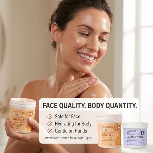 NATURE WELL Clinical Vitamin C 16oz & Collagen Peptide 10oz Moisturizing Cream Bundle for Face, Body, & Hands, Plump & Nourish, Brighten & Smooth, Provides Intense Hydration For Dry & Dull Skin
