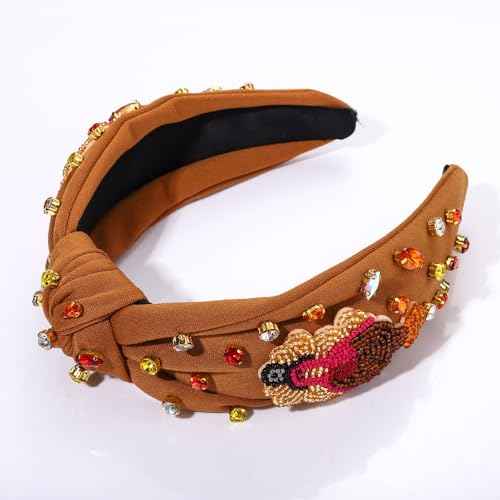 Thanksgiving Headband for Women Fall Accessories Beaded Pumpkin Headband Jeweled Rhinestone Crystal Knotted Hairband Thanksgiving Fall Hair Accessory Gifts (Turkey 4- Brown)