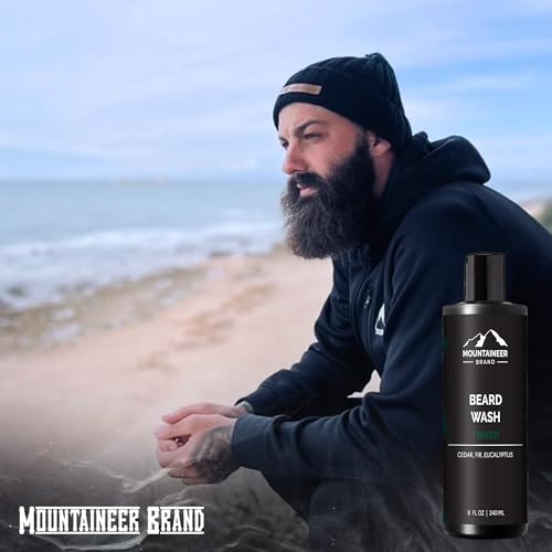 Mountaineer Brand Beard Wash For Men | 100% Natural Beard Shampoo | Thick Cleaning Softening Lather for Hair and Skin | Hydrate and Detangle | Grooming Treatment | Timber Scent 8oz