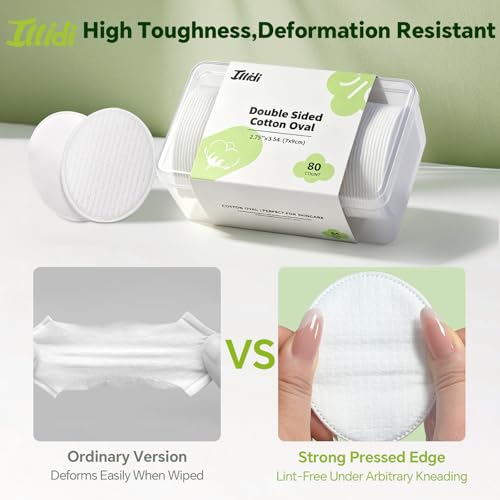 Large Oval Cotton Pads 80 Count – Multi-Layer, Double-Sided Makeup Remover