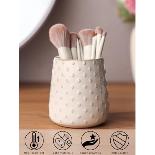Ceramic Makeup Brush Holders, Farmhouse Bathroom Vanity and Countertop, Brushes Cup for Bathroom Cosmetics, Lipsticks, Vanity Desktop Storage (Vintage White)