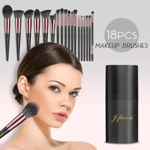18 Pcs Premium Synthetic Foundation Powder Brush Set - Black Case - Nylon Bristles - Aluminum Ferrule & Handle - For Foundation, Powder, Concealing, Blush, Eyeshadow, Contouring
