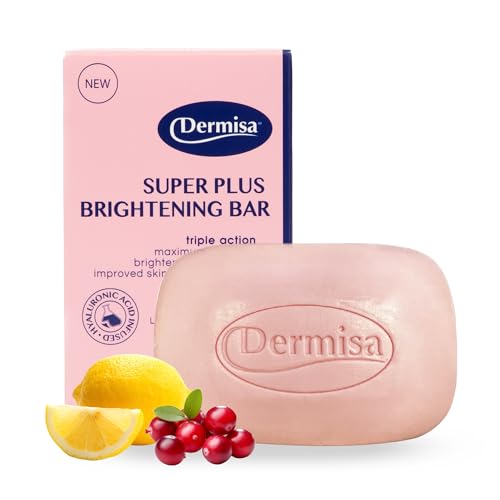 Dermisa Super Plus Brightening Bar Soap with Hyaluronic Acid, Lemon and Cranberry Extract, Maximum Moisture Soap for Even Skin Tone and Elasticity, 3.0 Oz