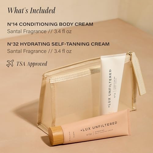 + Lux Unfiltered First Class Glow Travel Kit - Includes N¡Æ32 Gradual Self Tanner & N¡Æ14 Body Cream in Santal - Travel Size Self Tanner & Body Lotion with Water-Resistant Cosmetic Pouch - 3.4 fl oz