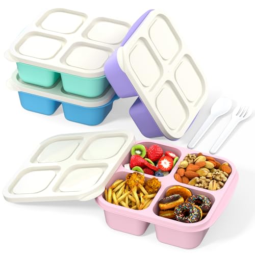 RGNEIN Bento Lunch Box for Kids (4 Pack) - 4-Compartment Salad Container for Lunch, Reusable BPA-Free Food Prep Containers, Snack Container for School, Work, and Travel (White Lid)