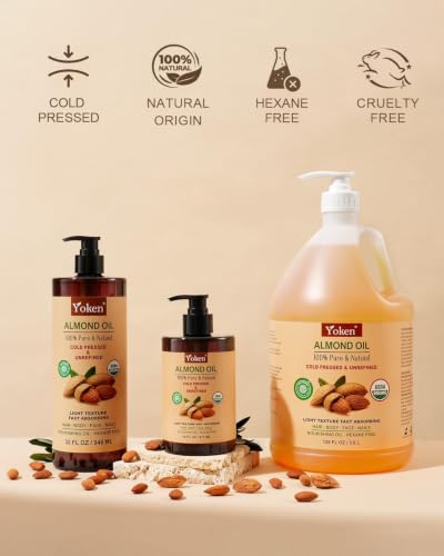 Yoken Organic Almond Oil 16 oz - 100% Pure Cold Pressed Moisturizer