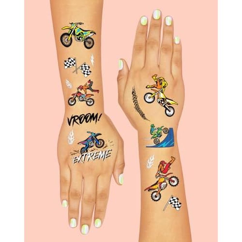 xo, Fetti Dirt Bike Temporary Tattoos Party Decorations - 48 Silver Foil | Birthday Party Decorations, Motocross Accessory, Motorcycle Theme Favor, Boys Bicycle Gift + Supplies, Checker Flag D?cor