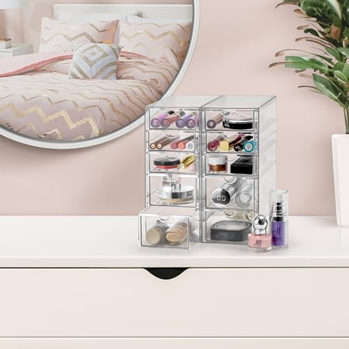 Sorbus Makeup Organizer With 10 Drawers, Acrylic Drawer Organizer for Makeup, Office Organization and Storage, Art Supplies, Jewelry, Stationary - 2 Pcs Clear Stackable Storage Bins Organizer Drawers